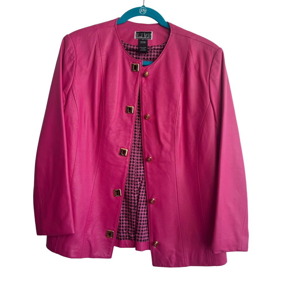 Belle Sport Genuine Leather Jacket Bright Pink Houndstooth Lined Medium‎